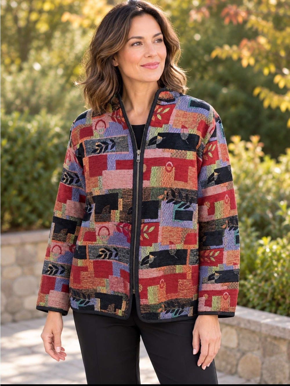 Vintage tapestry Multi-Color Patchwork Zip-Front Jacket -